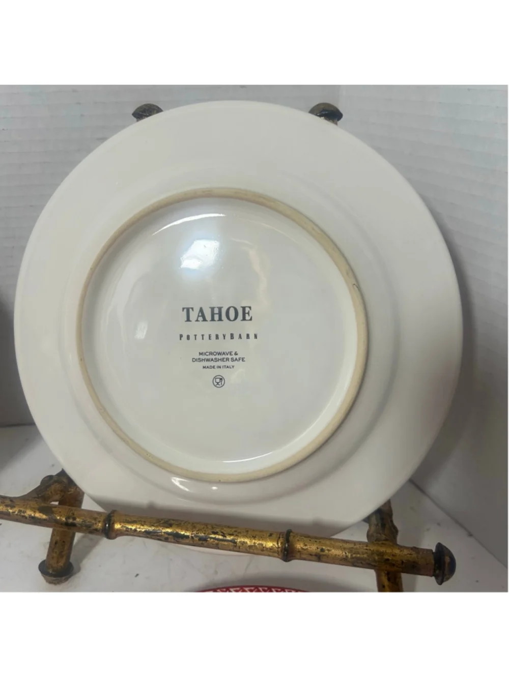 Pottery Barn Tahoe Red & White Dinnerware Set of 4 Geometric Made in Italy 8.25
